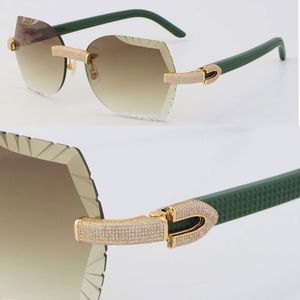 Новые солнцезащитные очки без оправы с микропавеированным бриллиантом, зеленые планочные резные линзы, женские и мужские солнцезащитные очки, мужская и женская оправа, оптическая с дизайнерскими очками из 18-каратного золота UV400