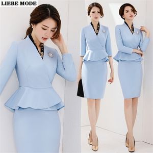 Ofis Üniforma Tasarımları Blazer ve Etek Set Kore Tarzı Kadınlar için Resmi Suit Iş Mavi Beyaz Bayanlar İş Giyim 220302