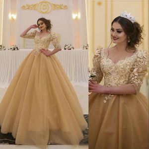 Yeni Arapça Altın Akşam Giyim V Boyun Dantel Aplikler Boncuklu Yarım Kollu Kabarık Balo Elbise Organza Balo Elbiseleri Resmi Parti Gowns