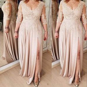 Sexy Champagne Mother Of The Bride Dresses V Neck Evening Dresses Long Sleeves Lace Appliques High Split Plus Size Party Gowns Prom Dress