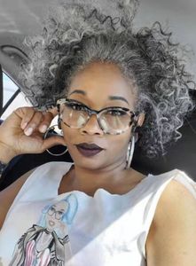 Afrika Kıvırcık Gri İnsan Saç At Kuyruğu Updo Kadın Erkek Topper Klipler İpli Kısa Afro Kinky Gümüş Grays Tuz Biber Doğal Gri Gerçek Remy140g