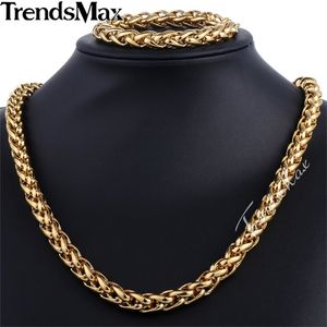 Trendsmax marca jóias conjunto 9.5mm ouro-cor trigo trançado link colar de aço inoxidável pulseira mens meninas cadeia moda ks215 201225