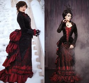 Vintage Gotik Siyah ve Koyu Kırmızı Örgün Abiye Uzun Kollu Ruffles Dantelli Korse Balo Abiye Ortaçağ Victoria Masquerade Özel Durum Elbise