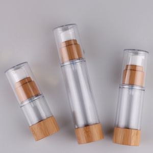 Yeniden doldurulabilir çift duvar akrilik havasız yüz krem ​​pompa şişesi 15ml 30ml 50ml 100ml bambu tabanı, boş cilt bakımı havasız pompa güneş kremi losyon şişesi freeship