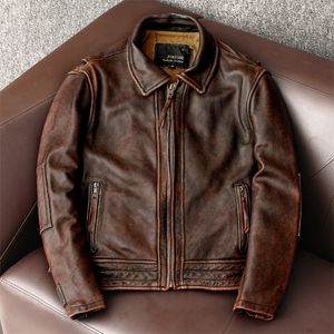 Бесплатная доставка. Куртка из натуральной кожи нового стиля 2020 года. Винтажное коричневое пальто из воловьей кожи, мужская модная байкерская куртка. Продажи больших размеров LJ201029