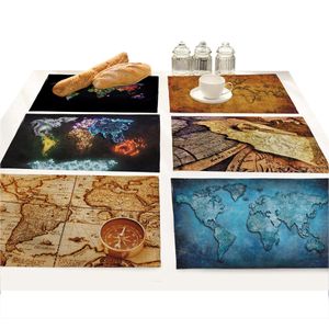 Mapa do mundo de navegação Impresso Mats de lugar para mesa de jantar de algodão de linho de madeira arte doilies cozinha cozinha coaster placemat tigela pad T200703