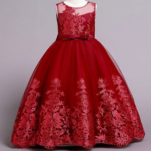 2022 Bordo Çiçek Kız Elbise Düğün Dantel Boncuk 3D Çiçek Aplike Küçük Kızlar Pageant Elbiseler Dantel Parti Abiye Prenses Giyim