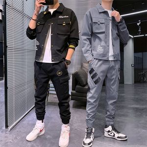 Homens primavera outono casual duas peças conjunto jaqueta e calças moda masculina sweatsuit estilo coreano streetwear esporte terno 220215