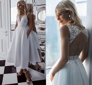 2022 Sevimli Beyaz Fildişi Kısa Gelinlik V Yaka Vintage Çay Boyu Gelinlikler Backless Bir Çizgi Gelin Elbise Vestido Novia Robe de Mariée