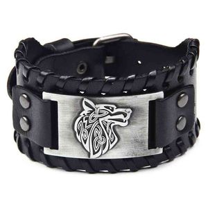 Bracciale largo nero punk per uomo Designer vichingo nordico Gioielli da polso regolabili in pelle con testa di lupo gotico da uomo