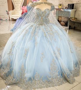 Светло-голубое платье Quinceanera 2022 с накидкой милая кружева аппликация бусины пухлые вечеринка принцесса сладкое 16 платье Vestidos de 15 Años años айвы особый случай