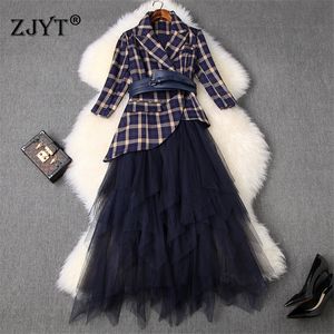 New Spring Designers Office Lady Two Piece Outfits Women Fashion Retro Plaid Print Blazer and Midi Tulle Skirt Suit Sets 201130
