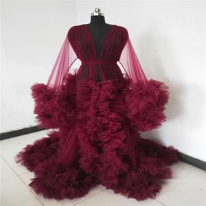 Real Image Women Night Gown Pajama Dark Red Bathrobe Bride Sleepwear Ruffles Soft Tulle Robes Custom Made Pregnant Dress187p
