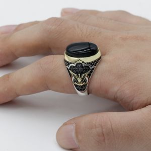 925 Sterling Silver for Men Ring with Oval Black Natural Onyx Stone Ring Peace Symbol for Male Thai Silver Turkish Jewelry Y1124