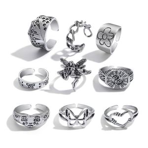 9шт винтажные серебряные кольца, установленные для женщин, укладки змеи бабочки, регулируемое кольцо