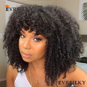 Afro Kinky Kıvırcık Fringe Glueless Tam Makine Yapımı Patlamalarla Yapım 250 İşlemler Kadınlar İçin İnsan Saçlı Peruk Brezilya Remy Saç 4c