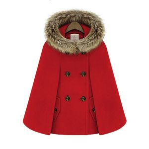 Шерстяные женские элегантные пончо и накидки пальто женские капюшоны с капюшоном меховой воротник двубортный зима свободная улица короткая пальто красный 201214