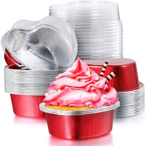 Alüminyum Folyo Kek Pan Kalp Şeklinde Cupcake Kupası Kapakları ile 100 ml / 3.4ounces Tek Kullanımlık Mini Cupcake Kupası Flan Pişirme Bardaklar Valentine Anneler Günü Düğün Doğum Günü