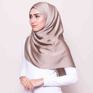 90 * 90 cm Mulheres Long Silk Cetim Muçulmano Hijab Cachecol Xaile Headscarf Pashmina Bandana Islam Turbante Lenço Feminino Head Wrap Y220222