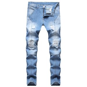 Мужские джинсы мужские дизайн мода панель байкер тощий огорченный светло-голубой джинсовые штаны падение оптом
