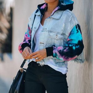 Kadın Ceketler 2021 Sonbahar Kış Cowgirl Ceket Renk Eşleştirme Kravat-Boya Kot Ripped Fringed Feminine Ceket Gevşek