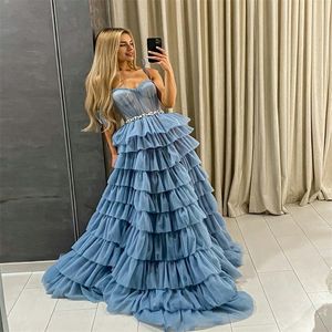 Light Sky Blue Prom Платье с бисером Поясных Мясерных Тюль Вечерние Платья Спагетти Ремень Элегантное Платье для вечеринки Пользовательские Дешевые Дешевые