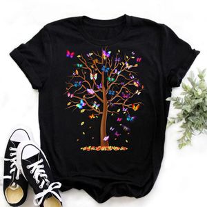 Kadın Tee Kelebek Ağacı Baskı Harajuku Yaz Tişörtleri Rahat Yuvarlak Boyun Kısa Kollu Üst Tee Gömlek Kadın Siyah T-shirt Damla Gemi