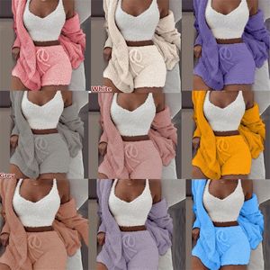 Three Pieces Set Pajamas Plush Loose Coat Long Sleeves Vest Shorts Leisure Wear Nightgown Solid Color Clothing Sets Winter 37jr K2