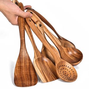 Teak Wood Tableware Spoon Colander Long Handle Wooden Non-Stick Special Cooking Spatula Kitchen Tool Utensils Kitchenware Gift DBC BH4472