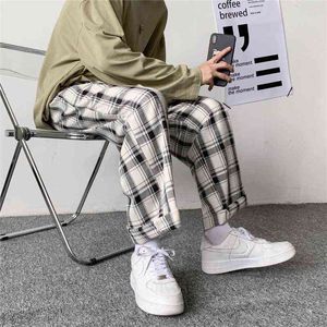 Privathinker bege xadrez masculina calças retas vintage cintura elástica homem casual verificado calças coreano homem largo perna calças g0104