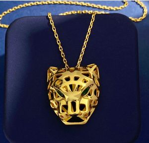 18 Karat vergoldete Halskette mit Leopardenkopf-Pullover, lange Kette für Damen, Designer-Halskette aus goldfarbenem Kupfer, Schmuck, Panther mit grünen Augen, Geschenke