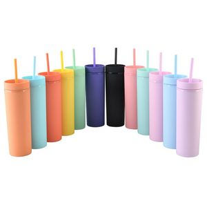 12 colors 16oz Acrylic Straight Slim Tumbler Matte Colored Double Wall 500ml Plastic Tumblers Coffee Drinking Sippy Cup Reusable Mug With Lids & Free Straws