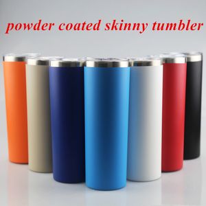 20 oz Toz Boyalı Sıska Tumbler Paslanmaz Çelik Tumbler Ince Tumbler Vakum Yalıtımlı Bira Kahve Kupaları Ile Kapaklı 20 Renkler