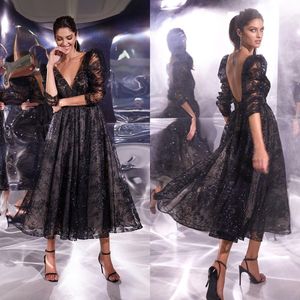 Siyah Dantel Gece Elbise Çay Uzunluğu Bir Hat Bir Çizgi Seksi Sırtsız 3/4 Uzun Kollu Özel Made Party Gowns Vestidos 403