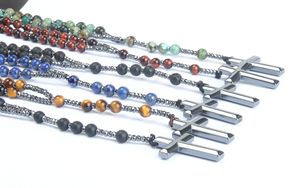 Neue Mode 6mm Naturstein Halskette Großhandel 6 teile/los Hämatit Kreuz Halskette Männer Anhänger Schmuck
