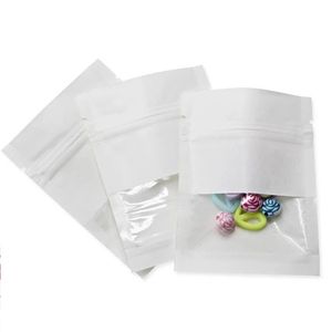 100 paket Beyaz Kraft Kağıt Sıfırlanabilir Çanta ile Temizle Pencere Isı Mühür Hava Geçirmez Kılıfı Zip Gıda Depolama Kilidi Kahve Snack Ambalaj