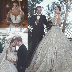 Gorgeous Sheer Long Sleeves Wedding Dresses Saudi Arabia Major Beaded Plus Size Chapel Train Bridal Party Gowns Robe De Marriage