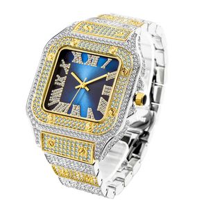 MISSFOX Roman Scale Trendy Hip Hop Square 8 mm dünnes Zifferblatt Herrenuhren Luxus Golduhr Volldiamant Präzises Quarzwerk Zweifarbige Armband-Armbanduhren