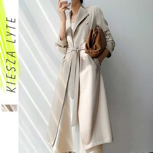 Kiesza Lyte Bahar Sonbahar Uzun Kadın Trençkot Moda Bej Saten Palto Bayanlar Rüzgarlık Yüksek Qyastion 210608