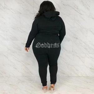 Plus Size Tracksuits Zjfzml Zz Mulheres Roupas Dois Pedaço Conjunto Com Capuz Manga Longa Zíper Casaco + Back Rhinestones Calças Gotas Atacado