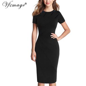 VFEMAGE Bayan Sonbahar Zarif Patchwork Rahat Çalışma İş Ofis Parti Vestidos İnce Gömme Bodycon Kalem Kılıf Elbise 1045 210309