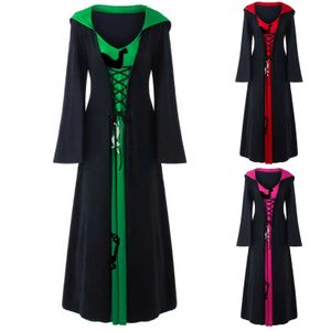 Moda Kadınlar Katı Renk Ortaçağ Uzun Kollu Kapşonlu Dikiş Dantel-up Kapşonlu Vampir Cadı Elbise Rahat Gotik Robe Kostüm # G3 Y1006