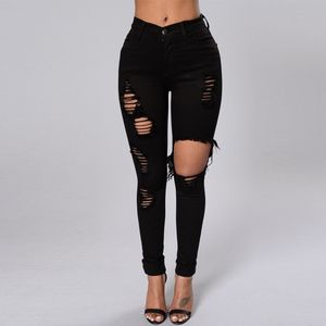 Siyah Kadınlar Için Yırtık Kot Kot Kalem Pantolon Pantolon Yüksek Bel Streç Skinny Jeans Yırtık Jeggings Artı Boyutu Giyim T200608