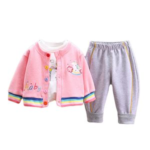 Moda crianças unicórnio conjuntos de roupas de grife 1-5t bebê meninas vívido algodão cardigan terno topos + suéter + calças = 3 pçs/set