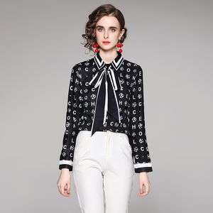 2023 Tasarımcı Baskılı Siyah Gömlek Uzun Kollu Kadınlar Pist Düğmesi Gömlek Ofis Bayanlar Şerit Yay Bluzes İlkbahar Yaz Sonbahar Kış İnce Fit Şık Lüks Tops