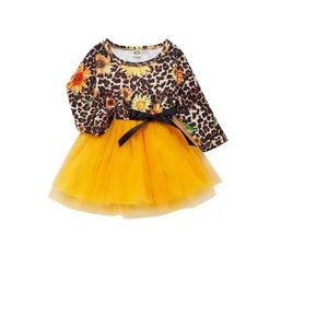 2022 Toddler Kız Giysileri Leopar Baskı Çocuklar Güz Giyim Bebek Kız Ayçiçeği Elbiseler Bebek Fırfır Tutu Elbise Sarı Uzun Kollu