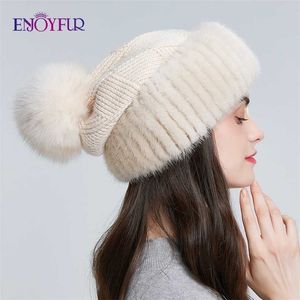 Enjoyfur Kış Vizon Kürk Örme Yün Şapkalar Kadınlar Için Ponpon Slouchy Beanies Moda Sıcak Stil Kapaklar Gençlik 211229