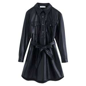 Chic Siyah Cepler PU Deri Elbise Kadın Moda Turn Aşağı Yaka Elbiseler Zarif Bayanlar Kravat Kemer Mini 210531