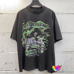 Camiseta casual de manga curta masculina e feminina 1:1 de tecido pesado de alta qualidade estampa de carro esqueleto lavagem