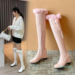 Сапоги Pxelena Женщины зима теплая над коленным мехом скрытый клин высокие каблуки снежные ботинки черный белый розовый плюс размер 34-43